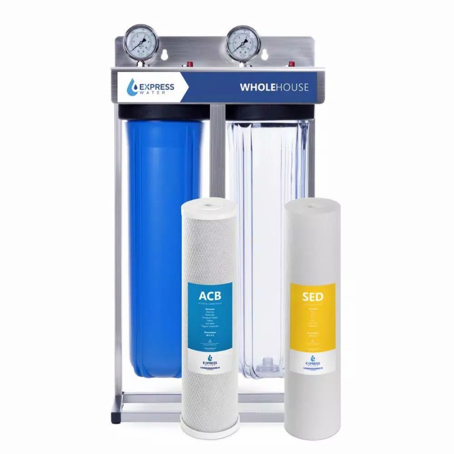 Water Filters * | Water Filtration Systems Express Water 2-Stage Whole House Water Filtration System Sediment And Carbon Filter, Pressure Gauge, Easy Release, 1 In. Connection