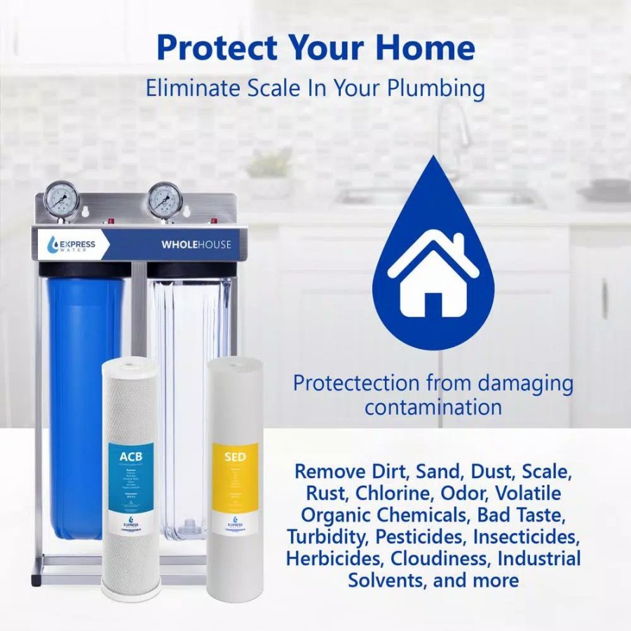 Water Filters * | Water Filtration Systems Express Water 2-Stage Whole House Water Filtration System Sediment And Carbon Filter, Pressure Gauge, Easy Release, 1 In. Connection