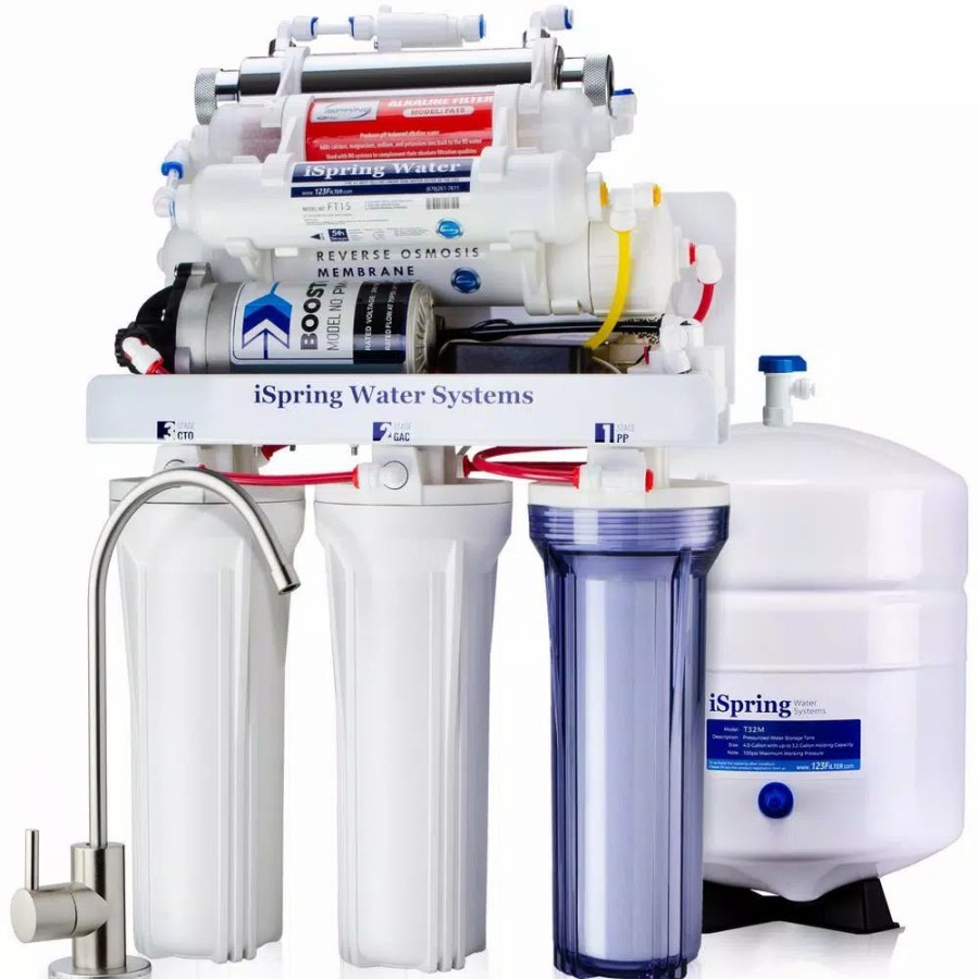 Water Filters * | Water Filtration Systems Ispring 7-Stage 100 Gpd Under-Sink Reverse Osmosis Drinking Water Filtration System With Booster Pump, Alkaline Filter And Uv