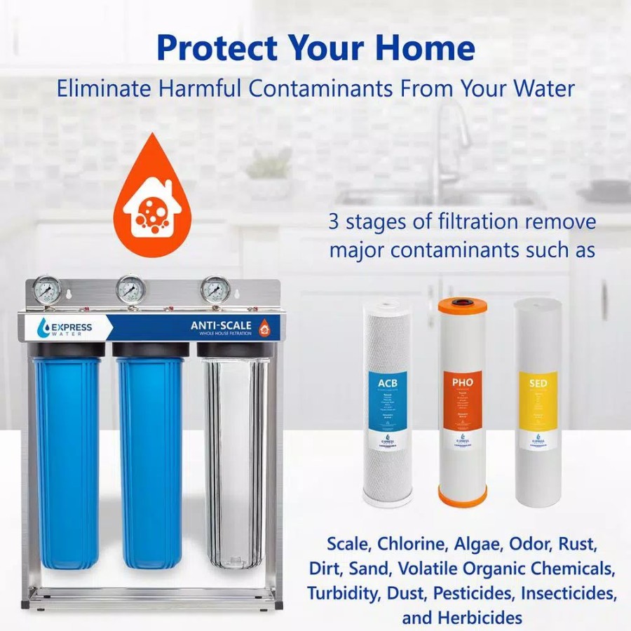 Water Filters * | Water Filtration Systems Express Water Express Water 3 Stage Whole House Water Filtration System Sediment, Pho, Carbon Includes Pressure Gauges And More