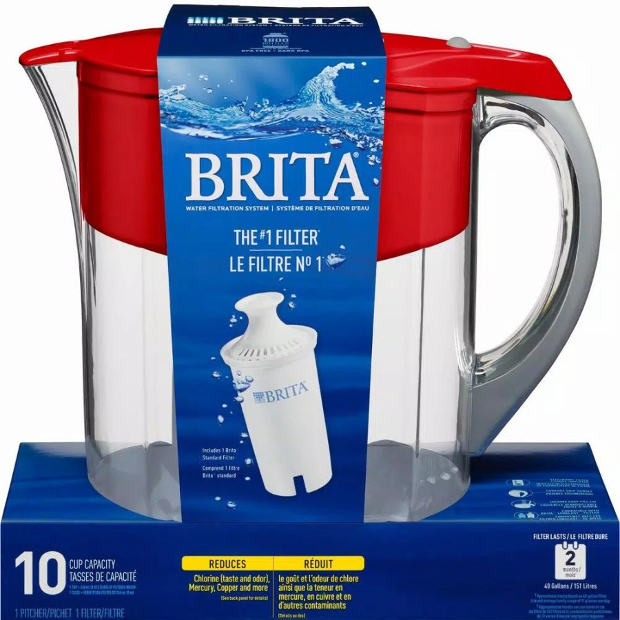 Water Filters * | Water Filter Pitchers Brita 10-Cup Large Water Filter Pitcher In Red, Bpa Free